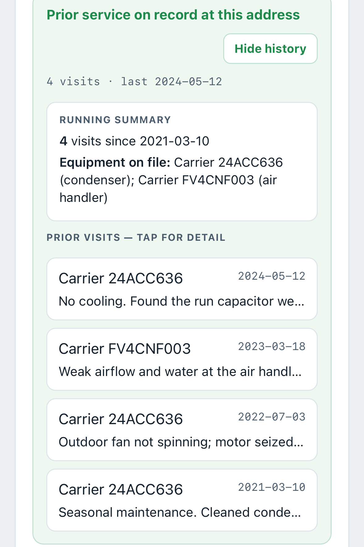 A property's full service history in Coilvault: a running summary plus four past visits across several years, with two units on file.