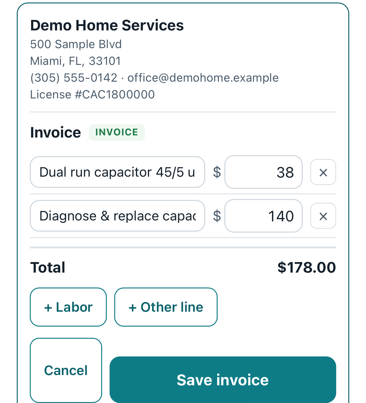 An itemized invoice in Coilvault with parts and labor line items, a running total, and a save-invoice button.
