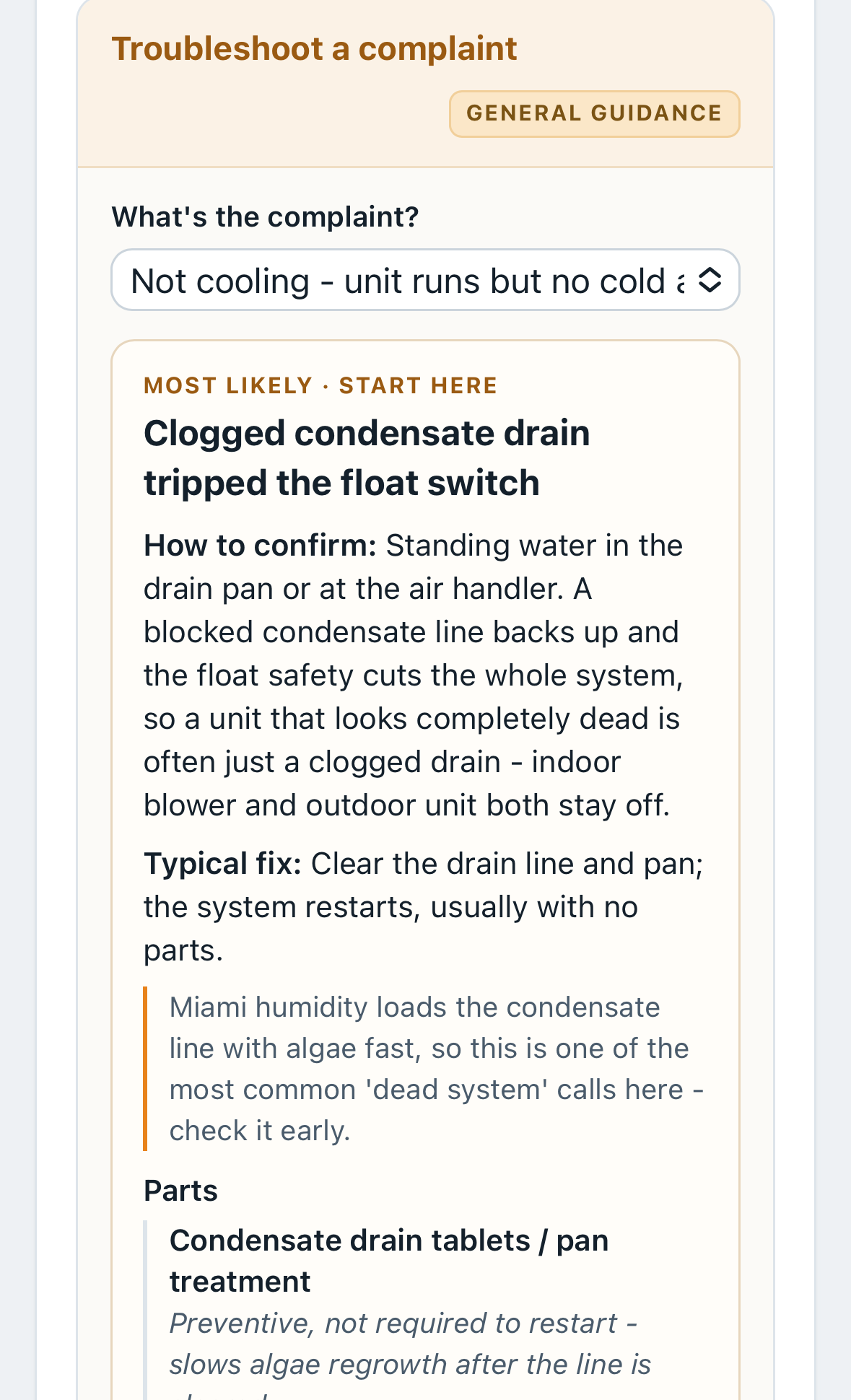 Coilvault's built-in troubleshooting for a not-cooling complaint, showing the most likely cause, how to confirm it, and the typical fix.